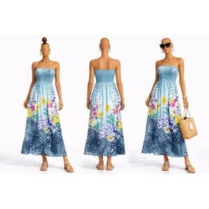 Papis Women L Strapless Floral Maxi Dress Smocked Boho Sundress Flowy Resort